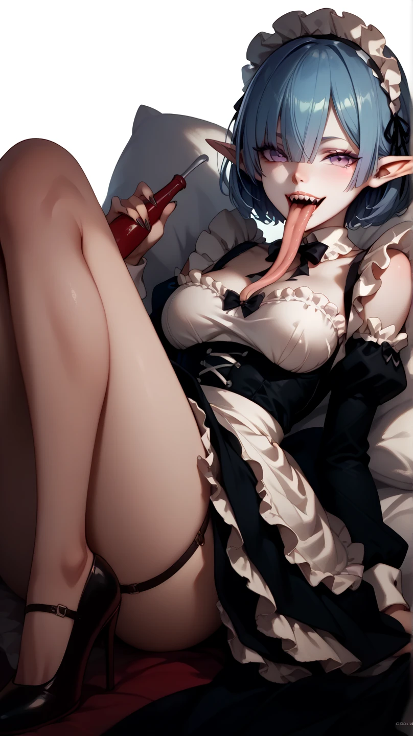 REM,  elf ears ,  sharp teeth ,  maid clothes, looks at me, long tongue ,  heels,  pale skin,  lies on my stomach.