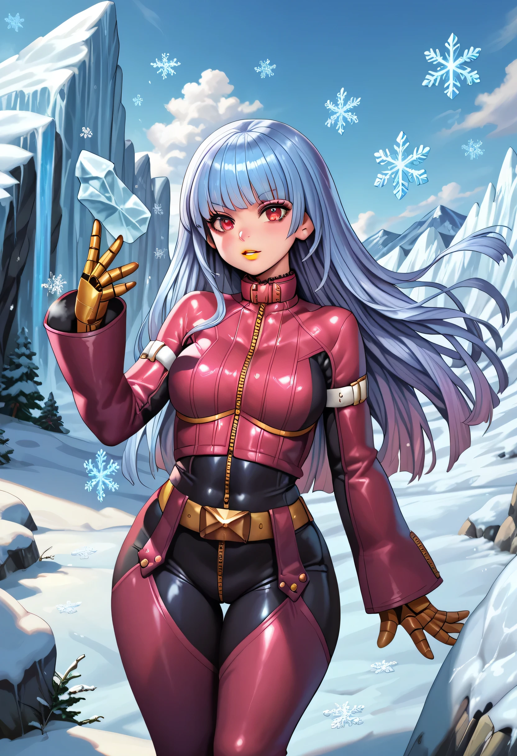 yellow lipstick, anime style, kula, 
wide hips, shiny skin, 
shiny hair, 
iceberg, snow, snowflakes, 
pottsness style