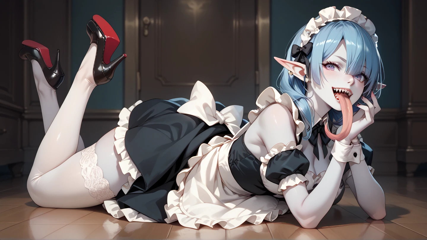 ((Highest quality)), ((masterpiece)), ((detailed)), nsfw, a girl who is dressed as witch or maid with chains on her, 1girl, maid, 独奏, BDSM, bound, bondage, chain, maid headdress, long hair, breasts, blue hair, (angry), clenched teeth, blush, tears, rope, (torn clothes), erect nipples, pantyhose, panties under pantyhose, torn pantyhose, frilled shirt, torn shirt, pussy, sweat, (blood), torture, (body wounds), wet, spread legs, feet up, restrained, arms behind back, large breasts, looking at viewer, prison,