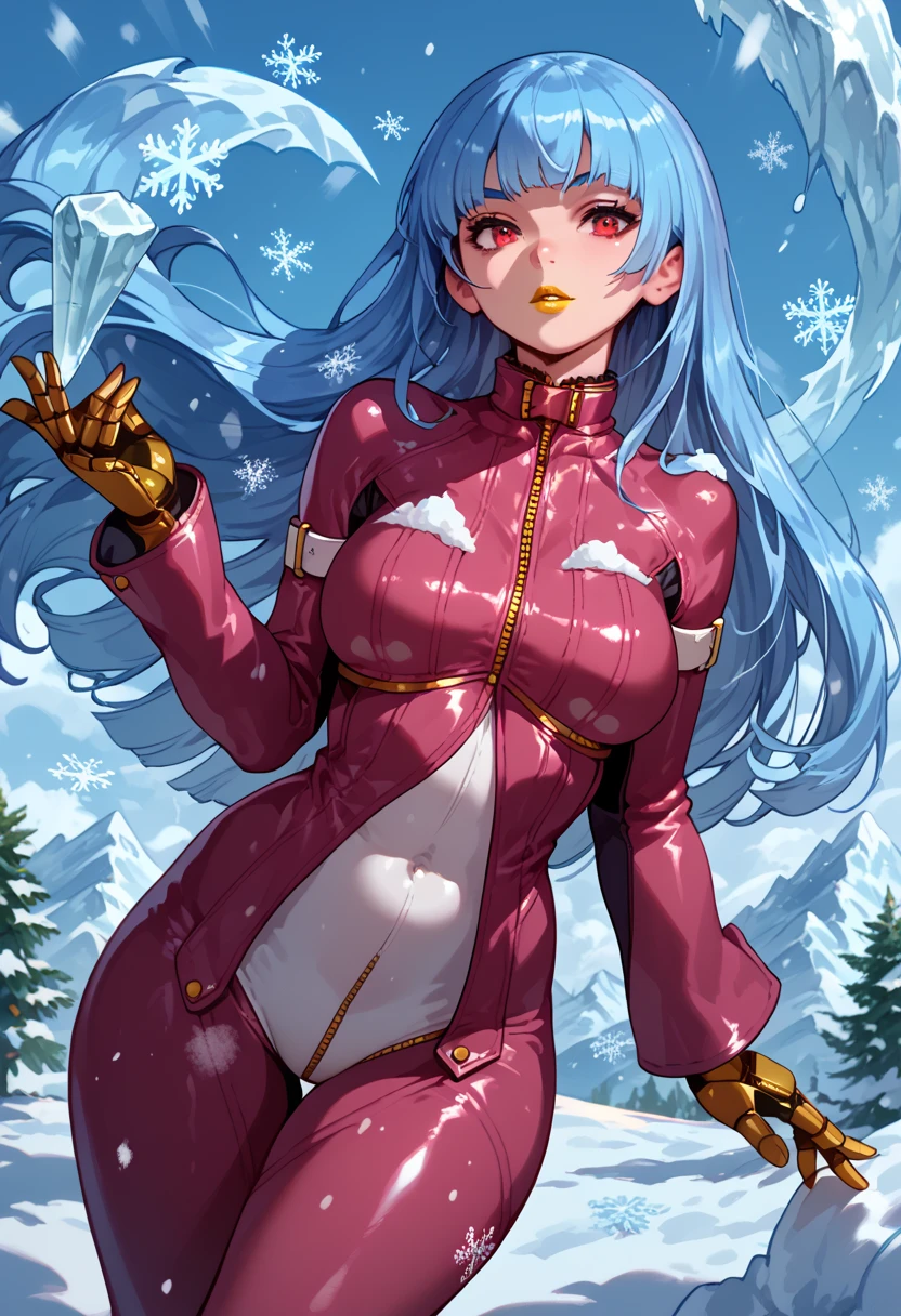 yellow lipstick, anime style, kula, 
wide hips, shiny skin, 
shiny hair, 
iceberg, snow, snowflakes, 
