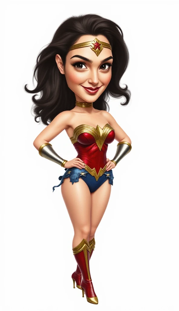 
full body gal gadot sexy hot as wonder woman, funny caricature, b, oversize head  cartoon caricature style, 16k full body view, big head caricature style, white background