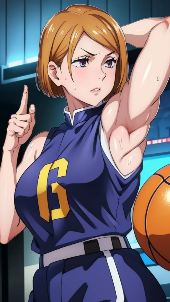 a close up of a person wearing a basketball uniform, a picture, inspired by Kentaro Miura, trending on pixiv, kugisaki nobara, wearing yellow nba jersey, yellow tanktop nba jersey, wearing a low cut tanktop, wearing tanktop, tanktop, golden raito, (winking), shirobako, large)}], favorite scene, fine details. anime. skins, sweating, big breasts, two hands up, armpits, armpits visible, dripping with sweat, more more sweat