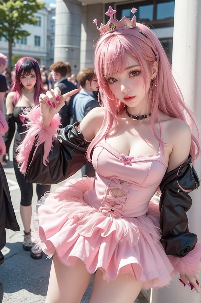  with a Crown,  in punk costume , Wearing a crab-punk costume,  anime girl cosplay, cyber goth, Pink Haired Girl in Punk Dress , kerli koiv women's walking tour,  1  anime goth girl ,   photo of Belle Delphine ,  anime cosplay , with pink hair,  real-life anime girls , Punk Girl