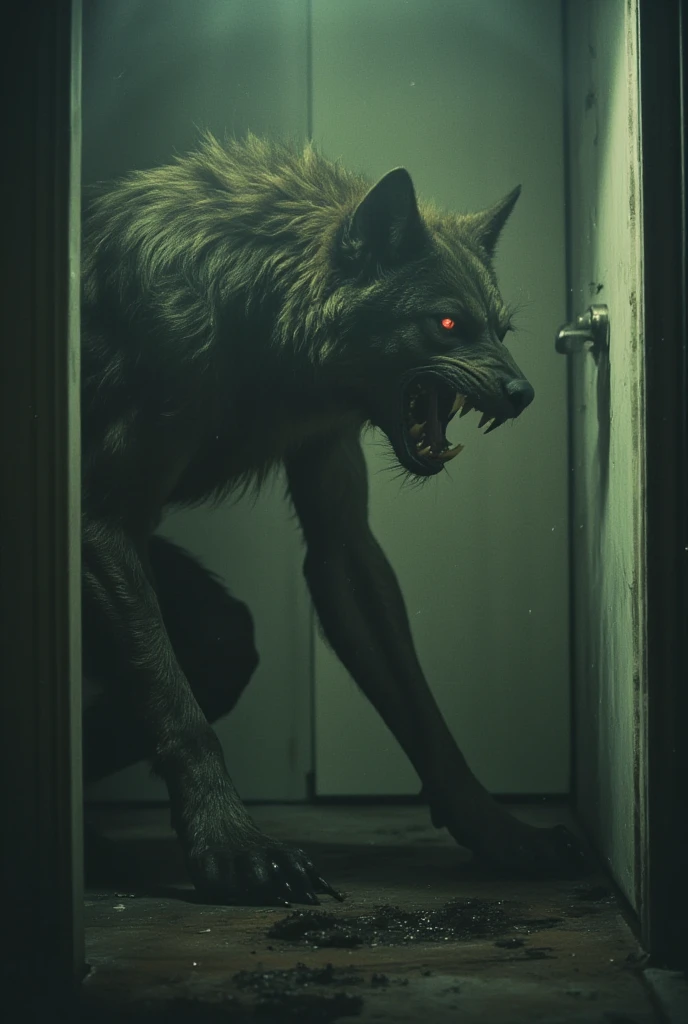 night room, dark room, completely darkened room, sepia, grainy, creepy environment. (Creepypasta is a scary werewolf creature).Full length view. best quality. body horror, internet horror_Eldritch_abomination, GQ cover style, extremely detailed, protruding teeth, red eyes. Crazy, messy, crazy, epic.
