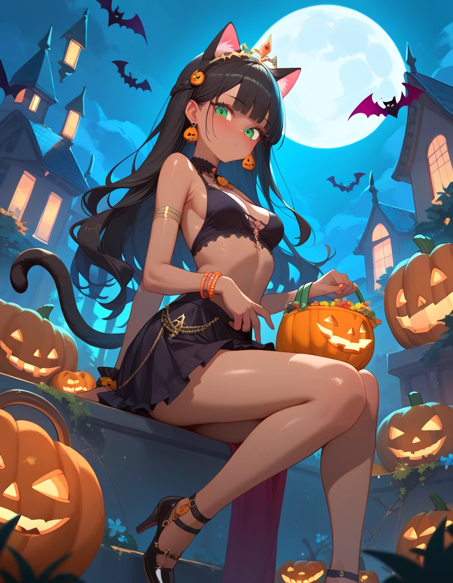 PADBastet , cat tail,  cat ears, green eyes ,  dark skin , black hair, Long hair ,a tiara, bracelet,earrings, blush,  cross-lacing shoes, skirt, bracelet, halloween, halloween costume, pumpkin, halloween bucket, night sky, moon, medium chest , complacent,  masterpiece fails,  top quality , very aesthetic , absurd,hand