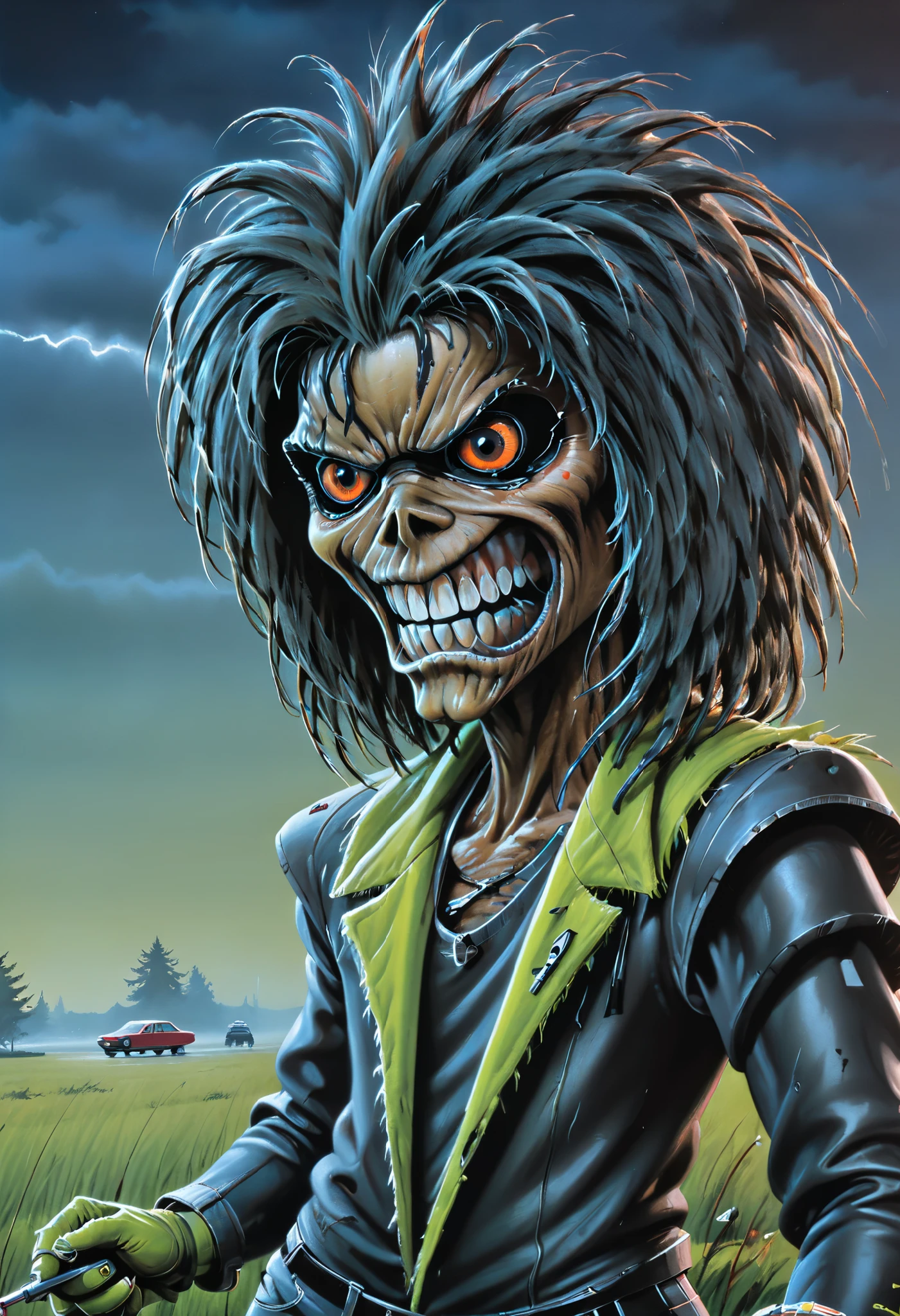   masterpiece ,  top quality,  best quality ,  higher quality , more detailed, Simon Stlenhag&#39;s style, hmvi style , close up, Ink art of a monster, dressed as Michael Jackson in his Thriller video , Iron Maiden 1988 poster, full color illustration, an airbrush painting