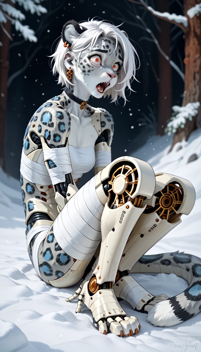 (zPDXL2), (PonyXLV6_Scores), source_anime, Expressiveh, full body portrait shot, asymmetric image, BREAK
Inhata4564, 
Furry, solo, ((snow leopard)), white hair, ((female)), ((slender)), (shocked eyes, scared expression, mouth open, ear ring, choker, bandages), ((looking over shoulder,)) ((robot legs, cybernetic legs)),