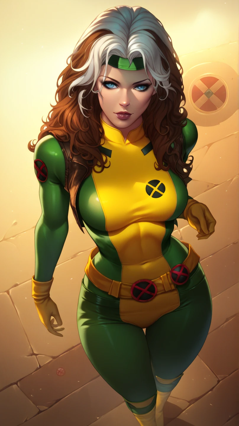 score_9, score_8_above, score_7_above, score_6_above, detailed background, Rogue X-men 90s , 1 woman ,  long hair, green long pants, Sexy pose ,  brown and white hair in the center,  Blue Eyes, white background