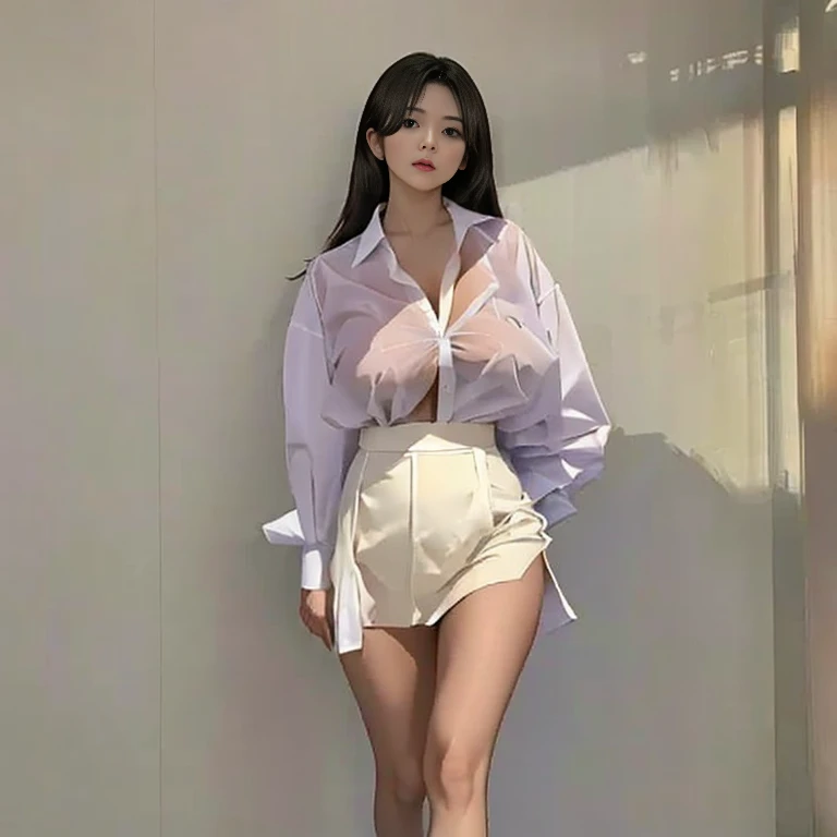 Beautiful Asian woman, petitte girl, cute girl ((Big breasts)) wearing a long-sleeved white oversized shirt with front collar, ((bottom of the shirt tucked into the skirt)), standing collar, shirt with 1 pocket on the chest, ((transparent whirt)) ((oversized white shirt)), (nipples breast seeping through the shirt), gray skirt, loafers school shoes. high socks,
walking on the side of a busy road. looking at the colorful snacks, very detailed, 4K image quality