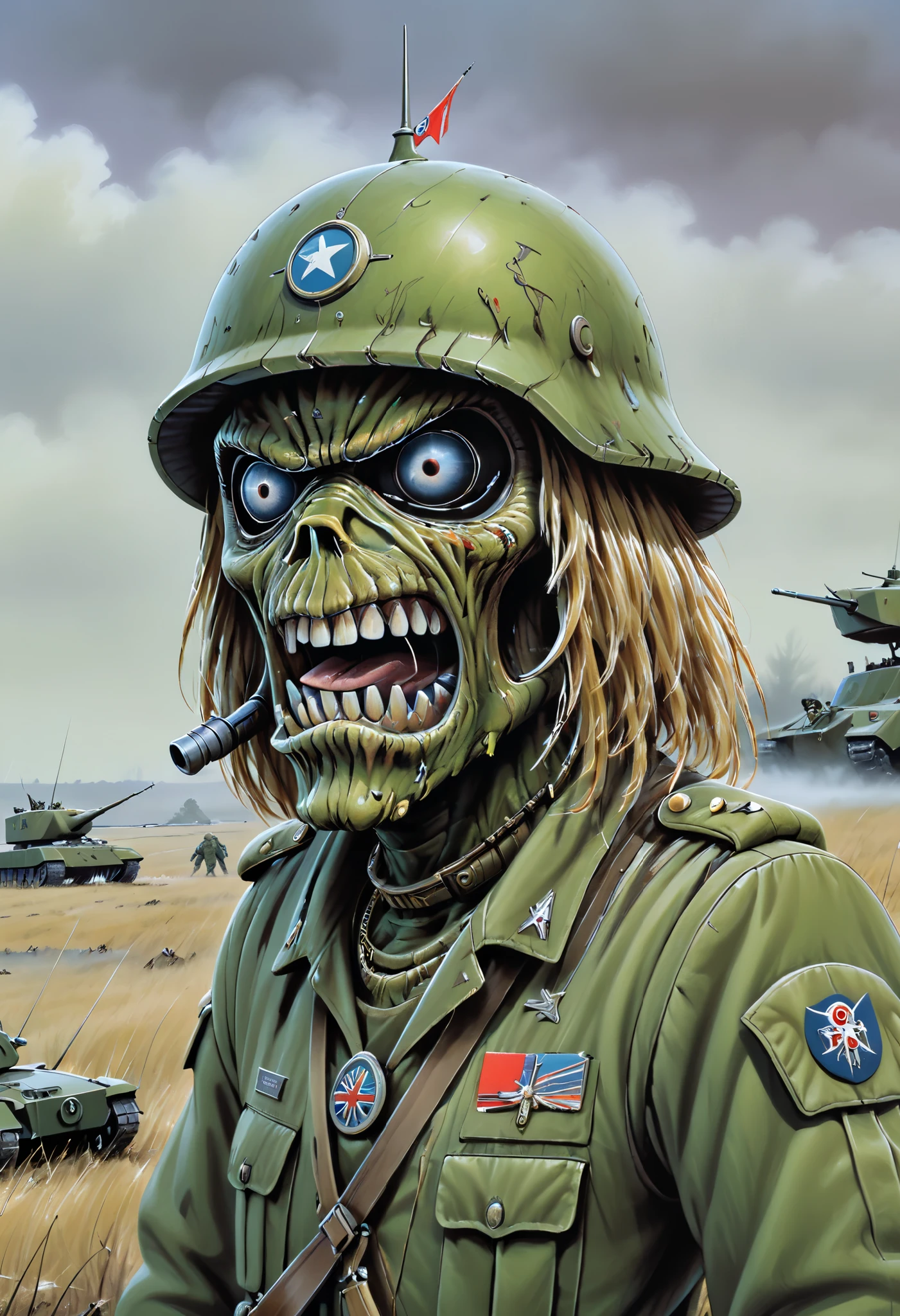   masterpiece ,  top quality,  best quality ,  higher quality , more detailed, Simon Stlenhag&#39;s style, hmvi style , close up, Ink art of a monster,  dressed as a military general on a battlefield, Iron Maiden 1988 poster, full color illustration, an airbrush painting