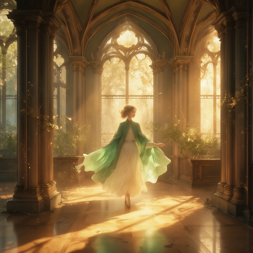 A serene and elegant figure seen from a slightly low angle, walking gracefully through a sunlit gothic-style corridor. The character wears a flowing white dress with a green cape that drapes beautifully, complemented by a gentle hairstyle. The gothic corridor features tall, arched windows that let in warm, golden sunlight, casting intricate patterns on the polished wooden floor. This perspective emphasizes the figure's calm demeanor and the grandeur of the surrounding architecture.