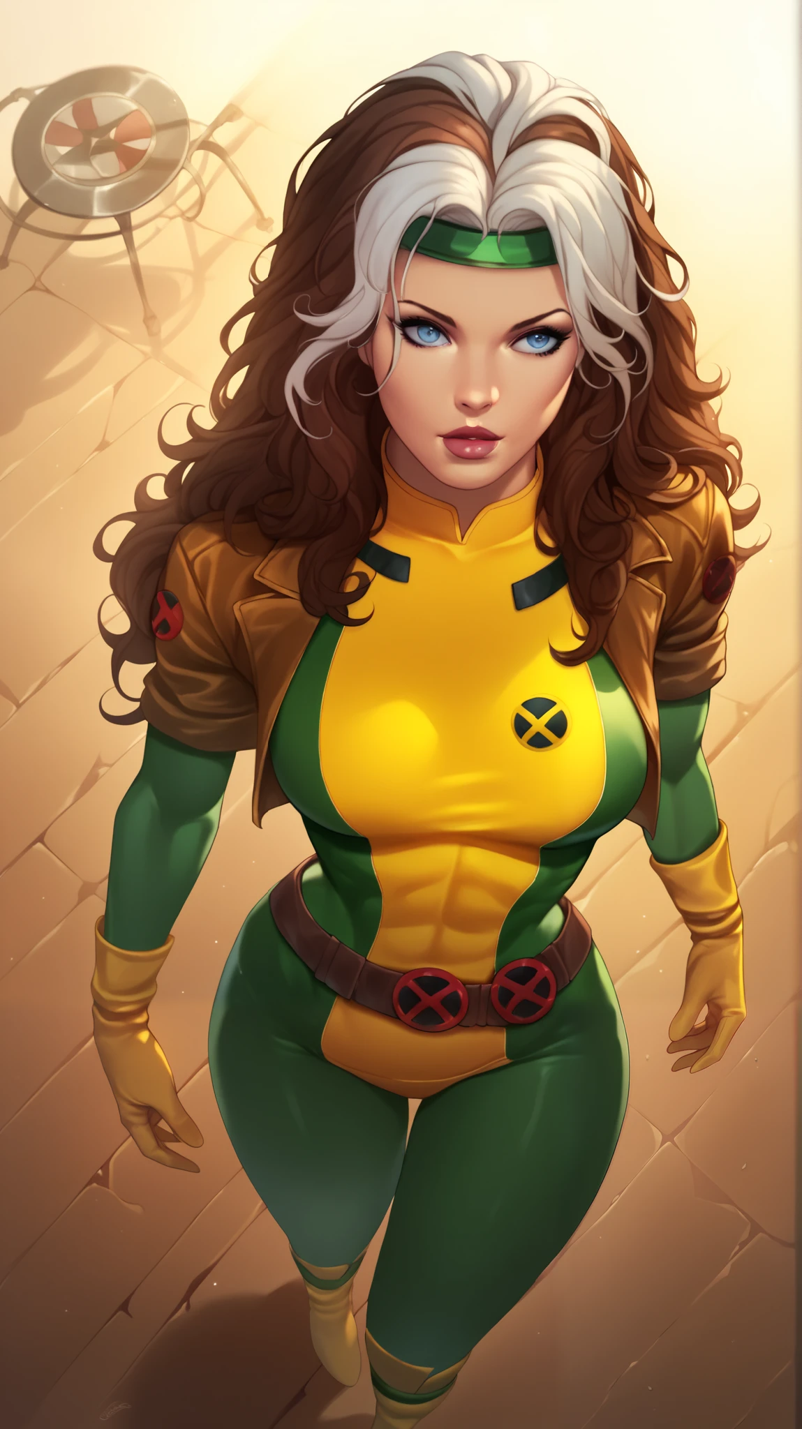 score_9, score_8_above, score_7_above, score_6_above, detailed background, Rogue X-men 90s , 1 woman ,  long hair, green long pants, Sexy pose ,  brown and white hair in the center,  Blue Eyes, white background