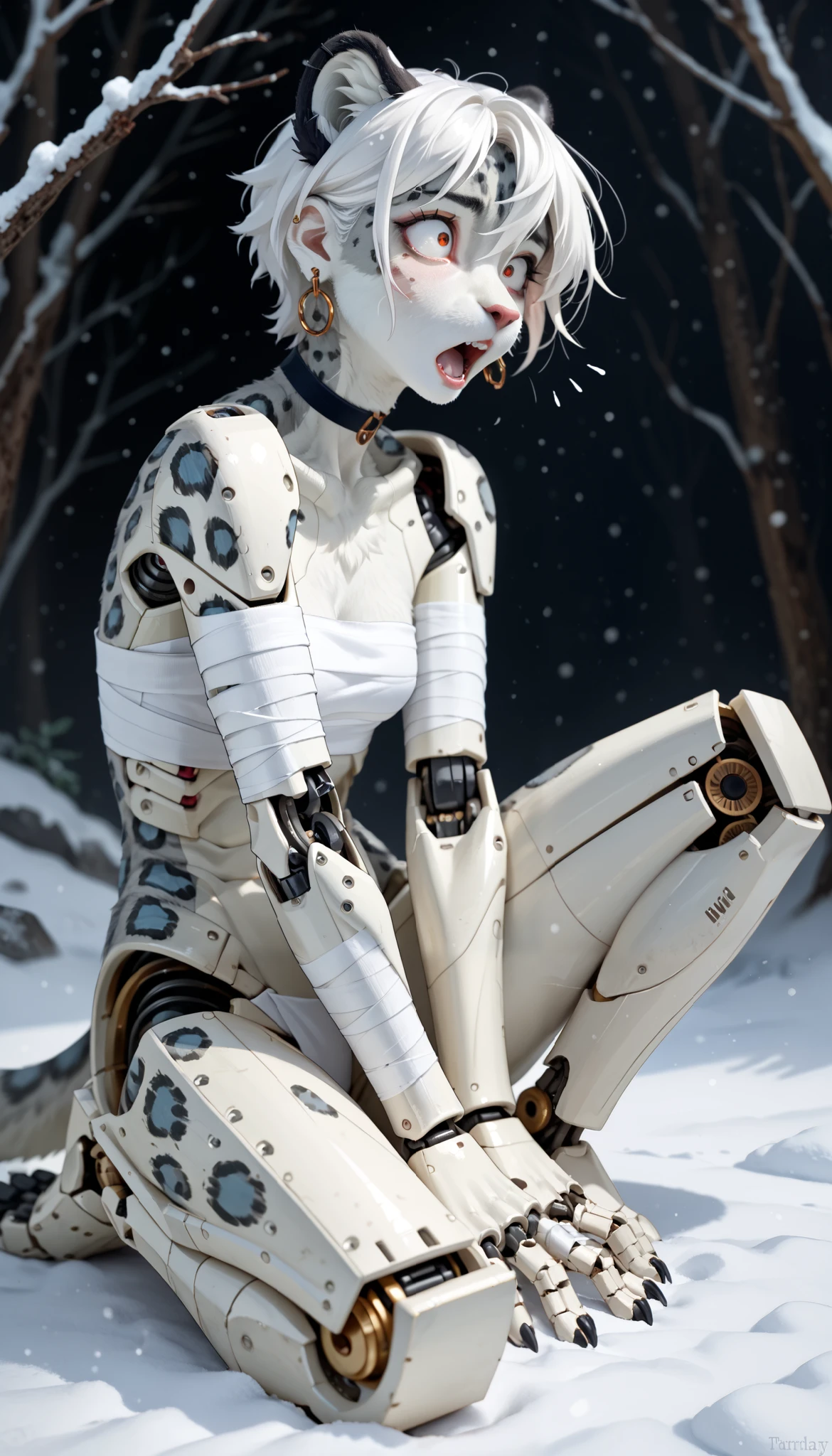 (zPDXL2), (PonyXLV6_Scores), source_anime, Expressiveh, full body portrait shot, asymmetric image, BREAK
Inhata4564, 
Furry, solo, ((snow leopard)), white hair, ((female)), ((slender)), (shocked eyes, scared expression, mouth open, ear ring, choker, bandages), ((looking over shoulder,)) ((robot legs, cybernetic legs)),