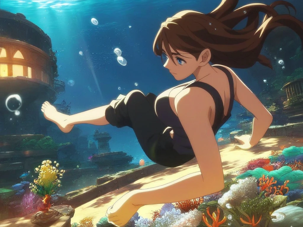 anime_style, source_anime, official art style, masterpiece, anime screencap, 1woman, adult_woman, grown_up, 28_years_old, mouriranai, brown hair, blue eyes, long hair, large breasts, lens flare, solo, black bedlah top, black matching salwar pants, barefoot, soles, underwater, shipwreck scenery, swimming, 