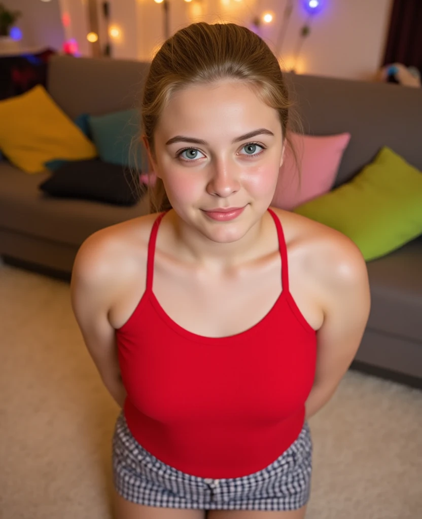 16-jährige SkandinaviSche Frau, ((BlondeS welligeS Haar)), wunderSchön, ((perfeteS GeSicht, mit SommerSproSSen:1.5)), (Does not wear makeup ), S, niedlicheS GeSicht, (Sehr detaillierte Augen), wunderSchöne HeimSlandSchaft, Sehr detaillierter Hintergrund mit Kerzen,  LED fairy lights and shelves , viele bunte KiSSen und Schlafdecken,  clothes are lying on the floor,  living room with studio light , white stockings, (trägt katholiSche Schulkleidung), (Check mini skirts ), (weiße KnieStrümpfe),  looking at the viewer, shot from above,  hands behind back, Steht gerade auf dem Wollteppich, nSfw 