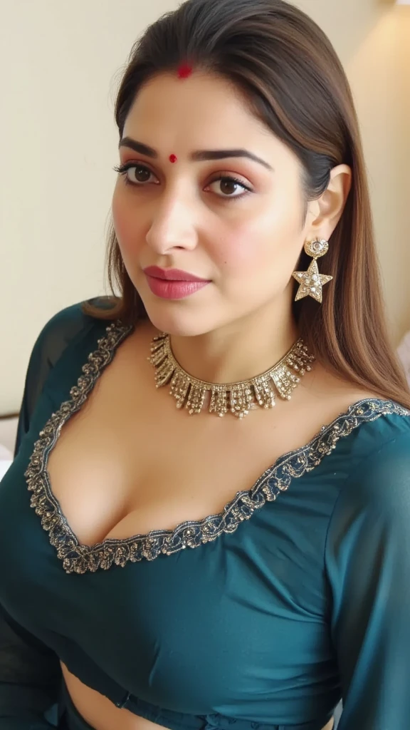 photo of hourglass figure Mature Indian raashi khanna  , wearing dark blue embroidered demi bra deep neck deep cleavage and  peticoat, showing her large U cut Cleavage and navel wupt her waist and hip, Red Sindoor on her forehead, , long silky hair, nice curves, sitting on her bed , sensual, erotic, showing her navel and cleavage part of her nipples is seen