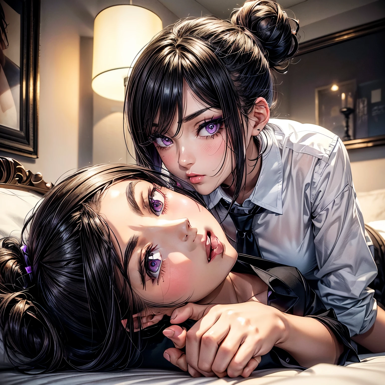(masterpiece)(8k)(cute)(25-year old woman)(1girl:1.5)(solo:1.8)(lying on the bed:1.5)(from above:1.5)(wild hair:1.3)(short hair:1.3)(black brown hair)(shiny hair:1.2)(hair over one eye:1.5)(hairbun:1.2)(flat chest:1.3)(black pupils:1.4)(glossy skin:1.4)(glossy lips)(dark, glossy eye-shadow:1.5)(dark eyelashes:1.4)(white office shirt:1.6)(long black necktie:1.4)(black lingerie:1.3)(piercing:1.2)(seductive pose:1.3)  rossdraws pastel vibrant, rossdraws cartoon vibrant, style anime 8k, beautiful portrait, artgerm colorful!!!, ! dream artgerm, beautiful anime girl, styled digital art, art wallpaper 8k, digital art, extremely detailed artgerm,