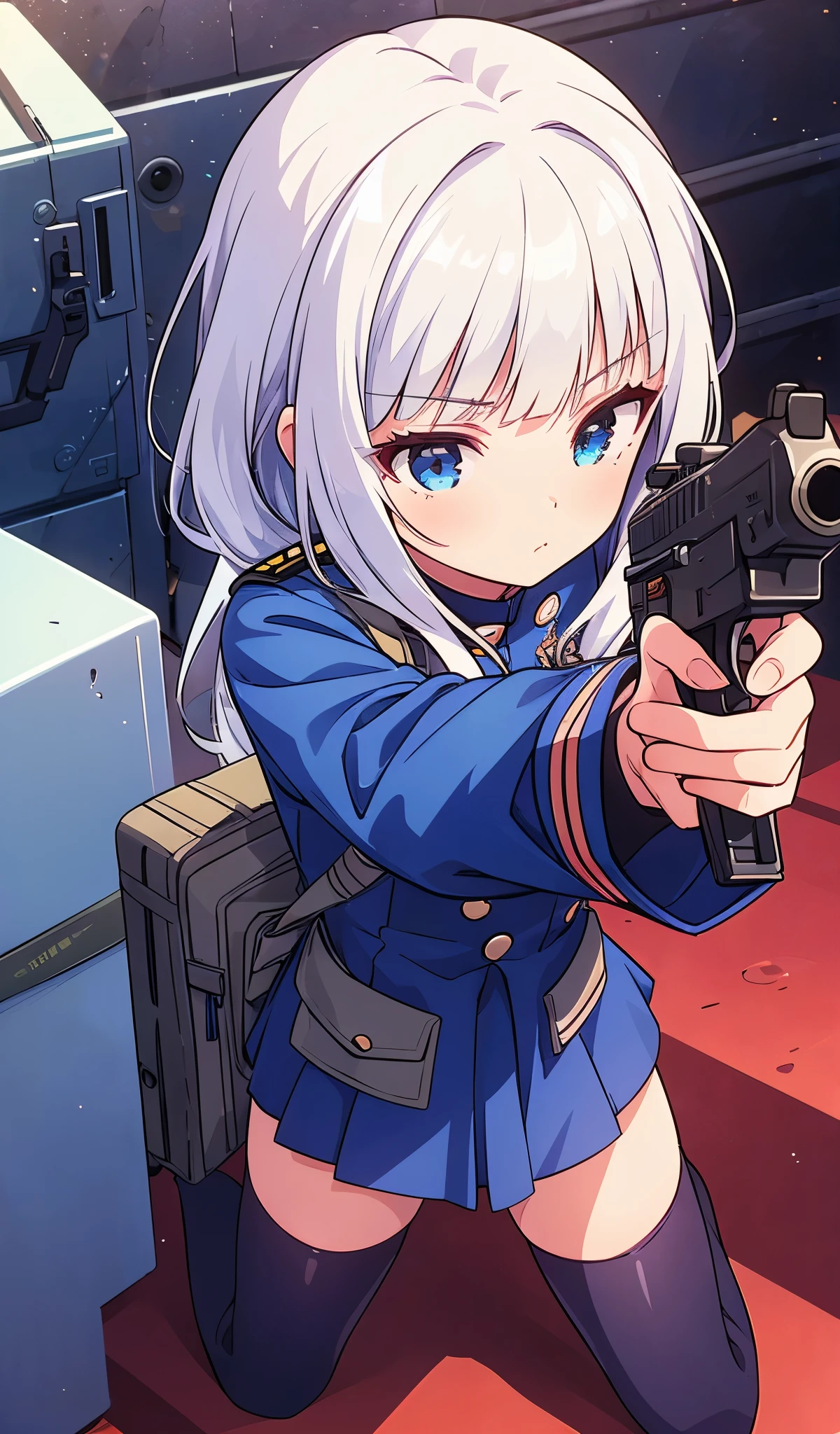 1girl, thighhighs, white hair, blue eyes, navy, uniform, wearing epTactical, gun, holding gun,, ultra detailed, masterpiece, best quality, aesthetic, detailed,anatomically correct ,