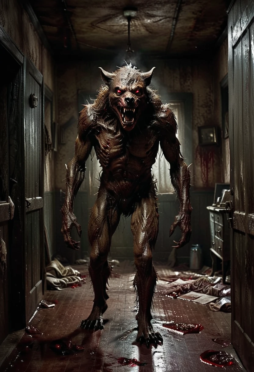 ((best quality)), ((masterpiece)), ((ultra realistic)), ((night)), (dynamic action pose), full body, RAW, Analog, intricately detailed moist pig headed humanoid male monster wearing a loin cloth, fat body, flabby, ((bald)), (leather armor)) sweaty, sharp teeth, (((snarling))), cavernous eyes, ((in a burning tavern)), (diffuse smoke), ((destruction)), professional, masterpiece, cinematic lighting, photographed on a Canon EOS R5, 50mm lens, F/2.8, HDR, 8k resolution, highres, high detail, sharp focus, smooth, roughness, real life, photorealism, photography,cinematic Film still from (cannibal holocaust:0.3)|Scary Stories To Tell In the Dark|(doom:0.5)|the void