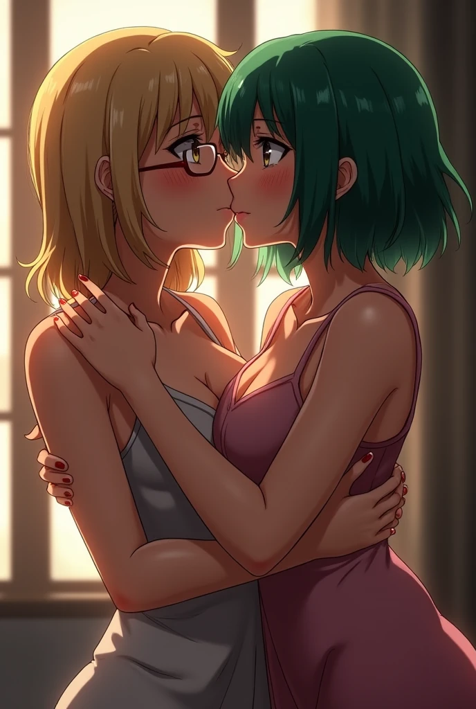 score_9_up, score_8_up, score_7_up, 2 girls, mature females. (((First girl is Nobara Kugisaki from Jujutsu Kaisen((brown bob hair, brown eyes, small erected breast, pink seductive lingerie))))). (((Second girl is Maki Zenin from Jujutsu Kaisen((green ponytail hair, yellow eyes, glasses, medium erected breast, black seductive lingerie))))). (((perfect model bodies))), (((modern open space bedroom, with panoramic windows))), standing and kissing passionately, lesbian kiss, lewd look