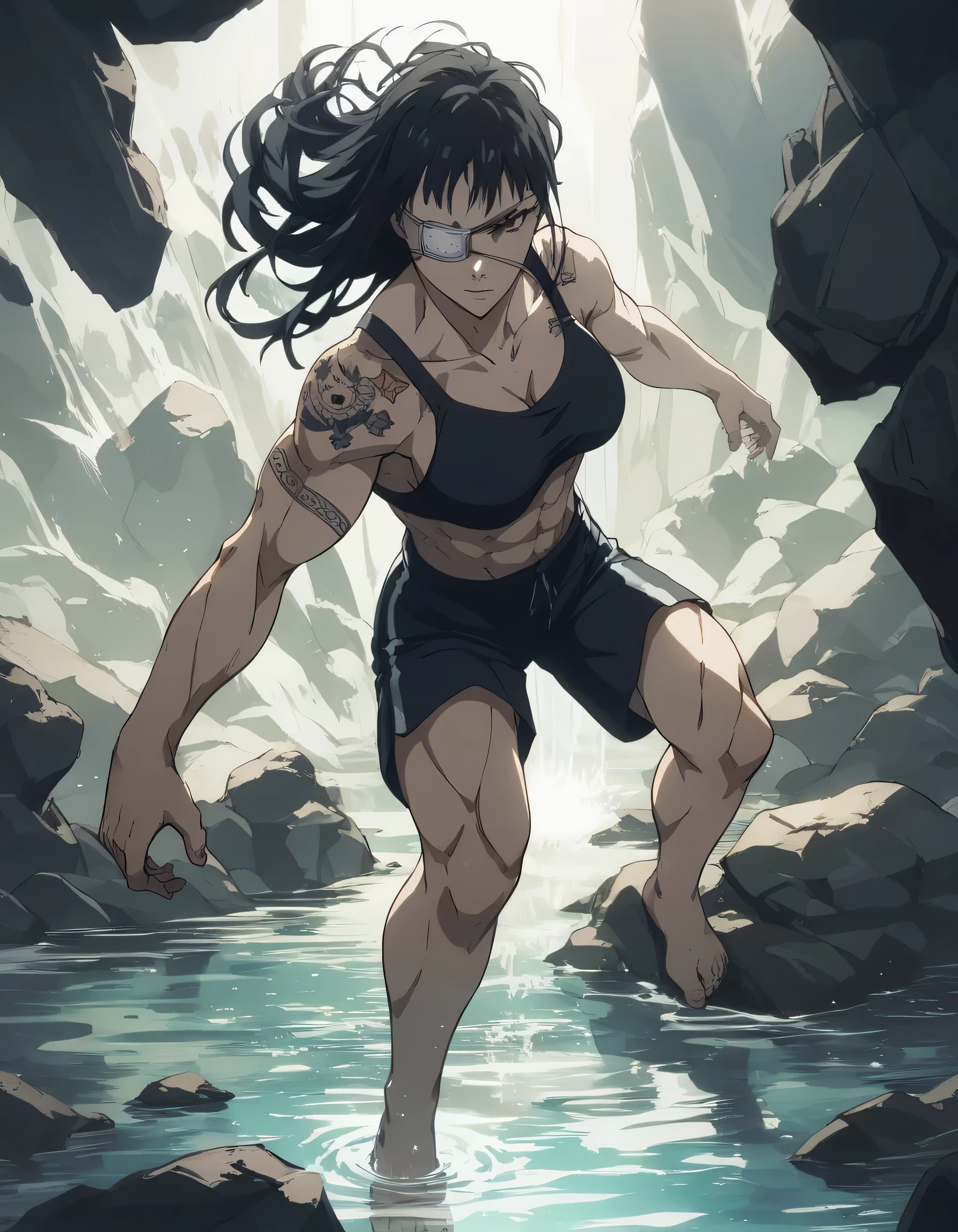 score_9, score_8_up, score_7_up,score_6_up,high resolution,source_anime,s0fiavalm3t,1girl,eyepatch,black hair,long hair,,water,rocks,volumetric lighting,rim lighting,dof,dramatic shadow,full body,dynamic pose,looking at viewer,pov,suspended in air, tattoos on shoulder,wearing sport bra,black sport shorts,Barefoot,training hard,Parkour,sporting attraction,muscles lines 