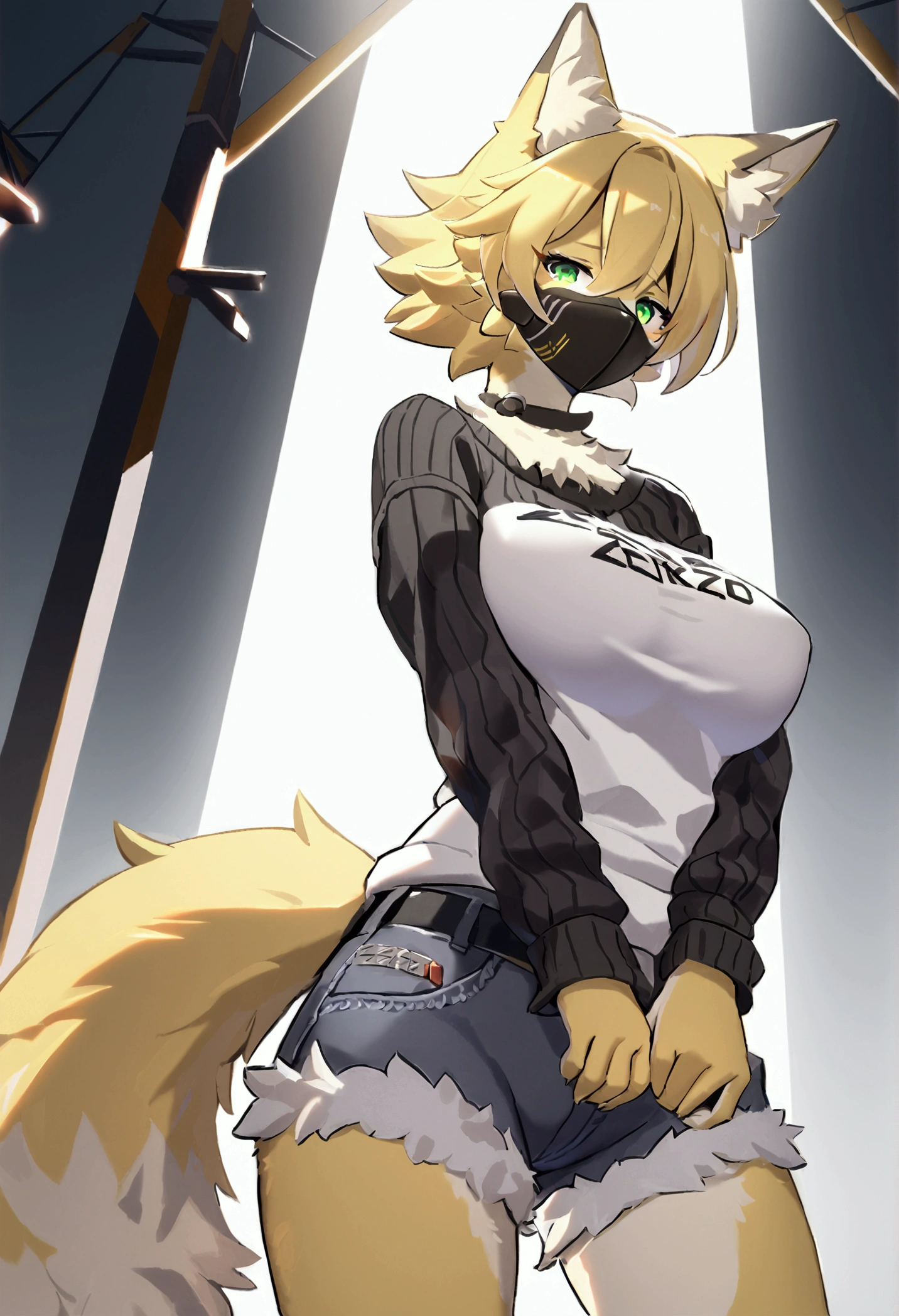 (top quality, best quality, High-quality illustrations, masterpiece, perfect artwork, cinematic light and shading, 16k, 1080p, uploaded on e621)(kemono, furry, anthro, alone), 1 larger female, (very detailed body, face, tail, arms, hands, legs, head and eyes), cat, Pulchra, (Zenless Zone Zero), yellow fur, fluff, striped fur, striped body, big breasts, fluffy tails, hair, perfect eyes, green eyes, black pupils, wearing a mask, beautiful sweater, beautiful legwear, beautiful jean shorts, night, body movement, body twitching,, beautiful night, body movement, body twitching, looking at viewer, full body portrait