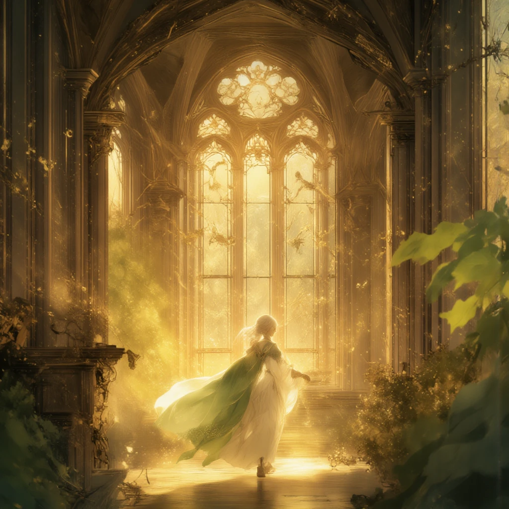 A serene and elegant figure seen from a slightly low angle, walking gracefully through a sunlit gothic-style corridor. The character wears a flowing white dress with a green cape that drapes beautifully, complemented by a gentle hairstyle. The gothic corridor features tall, arched windows that let in warm, golden sunlight, casting intricate patterns on the polished wooden floor. This perspective emphasizes the figure's calm demeanor and the grandeur of the surrounding architecture.