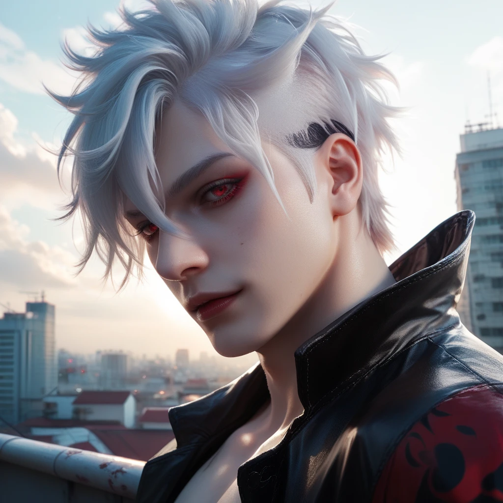 Realistic representation of Tokyo Ghoul Character Kaneki Ken, white hair, bright red eyes, on a fantasy background. The boy is on top of a rooftop in Tokyo city ((on his shoulders he has the red and purple surplice))