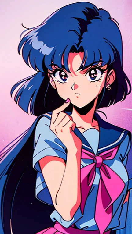 Close one eye, open mouth, stick out tongue, blowjob, milky liquid, facial bukkake, Yukari,One girl,alone,retro artstyle,White Background,ponytail,Bunny girl simple background,Tea hair,1990s (style),Long Hair,Brown eyes,Head tilt Big breasts Thighs Sailor uniform Naked lower body No skirt