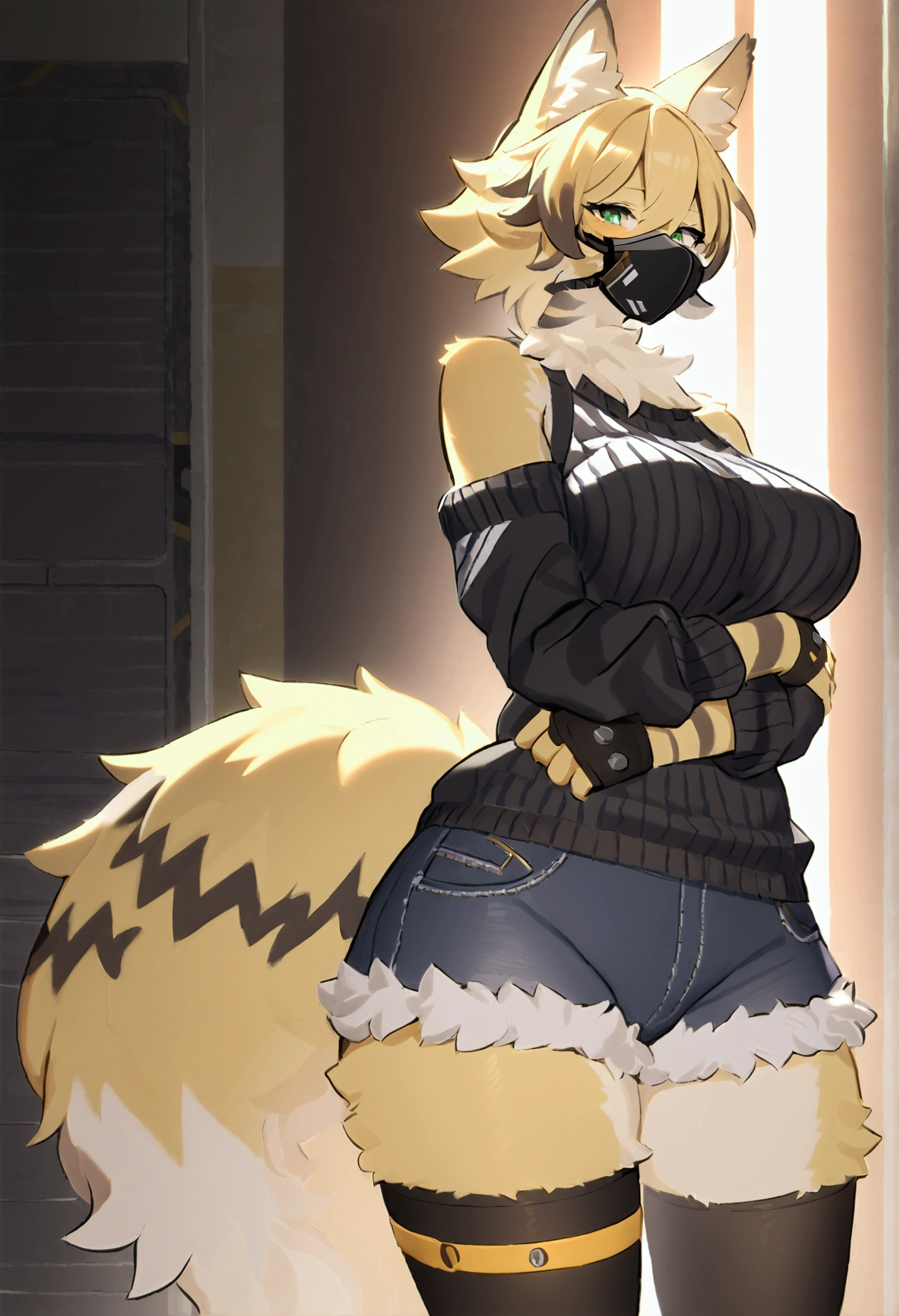 (top quality, best quality, High-quality illustrations, masterpiece, perfect artwork, cinematic light and shading, 16k, 1080p, uploaded on e621)(kemono, furry, anthro, alone), 1 larger female, (very detailed body, face, tail, arms, hands, legs, head and eyes), cat, Pulchra, (Zenless Zone Zero), yellow fur, fluff, striped fur, striped body, big breasts, fluffy tails, hair, perfect eyes, green eyes, black pupils, wearing a mask, beautiful sweater, beautiful legwear, beautiful jean shorts, night, body movement, body twitching,