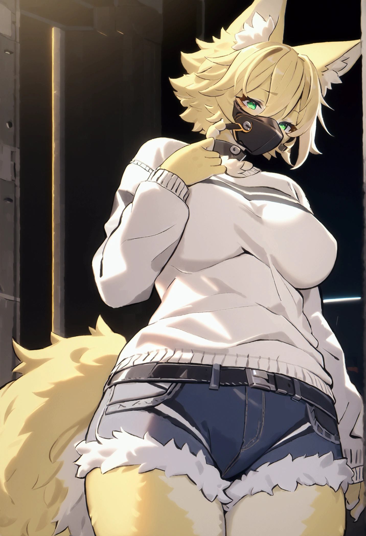 (top quality, best quality, High-quality illustrations, masterpiece, perfect artwork, cinematic light and shading, 16k, 1080p, uploaded on e621)(kemono, furry, anthro, alone), 1 larger female, (very detailed body, face, tail, arms, hands, legs, head and eyes), cat, Pulchra, (Zenless Zone Zero), yellow fur, fluff, striped fur, striped body, big breasts, fluffy tails, hair, perfect eyes, green eyes, black pupils, wearing a mask, beautiful sweater, beautiful legwear, beautiful jean shorts, night, body movement, body twitching,