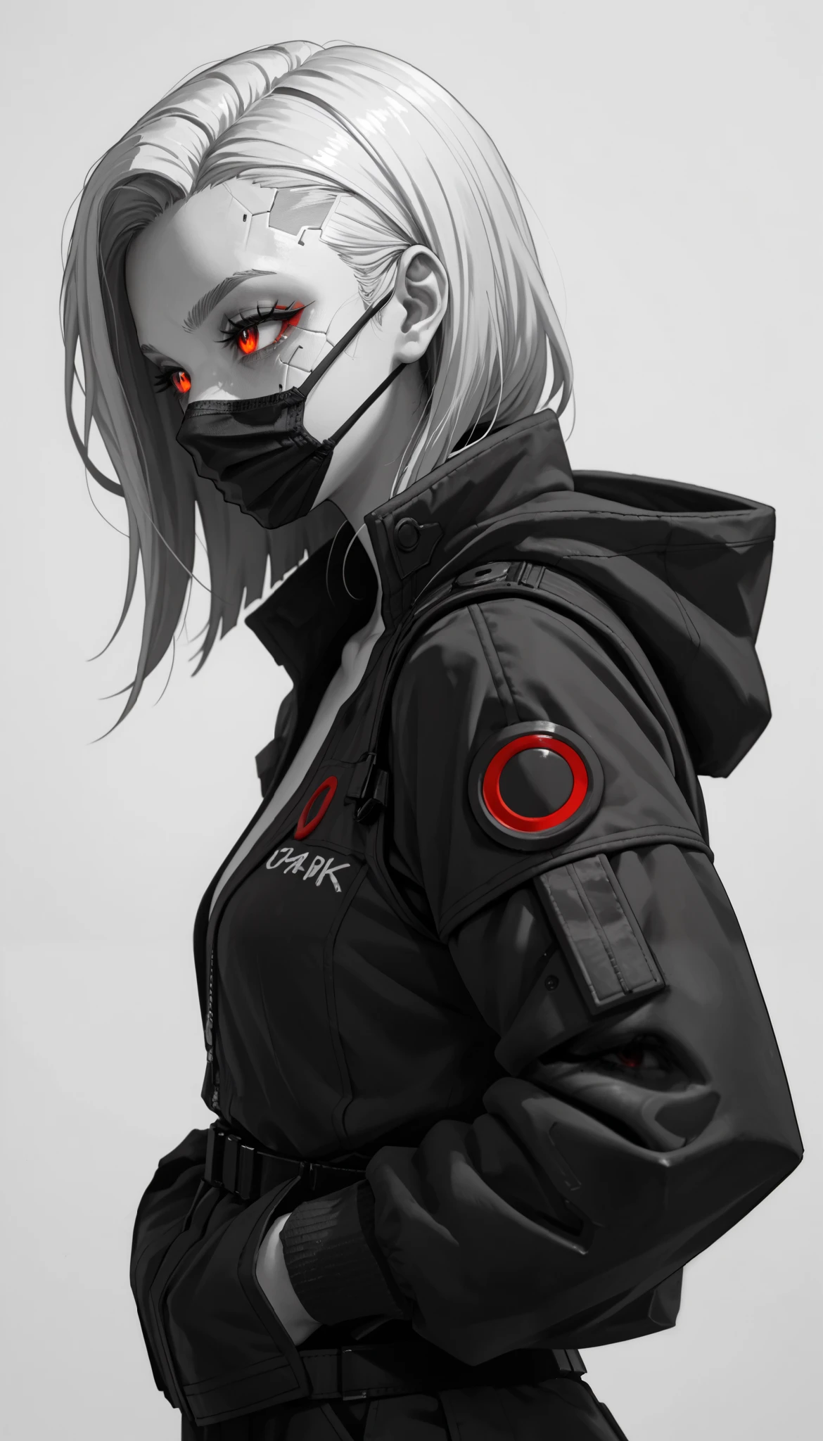 (zPDXL2), (PonyXLV6_Scores), source_anime, Expressiveh, full body portrait shot, asymmetric image, BREAK
Inhata4564, 
black and white, greyscale, simple background, 1 girl, solo, detailed eyes, red eyes, cyberpunk ninja girl,  face mask, side view