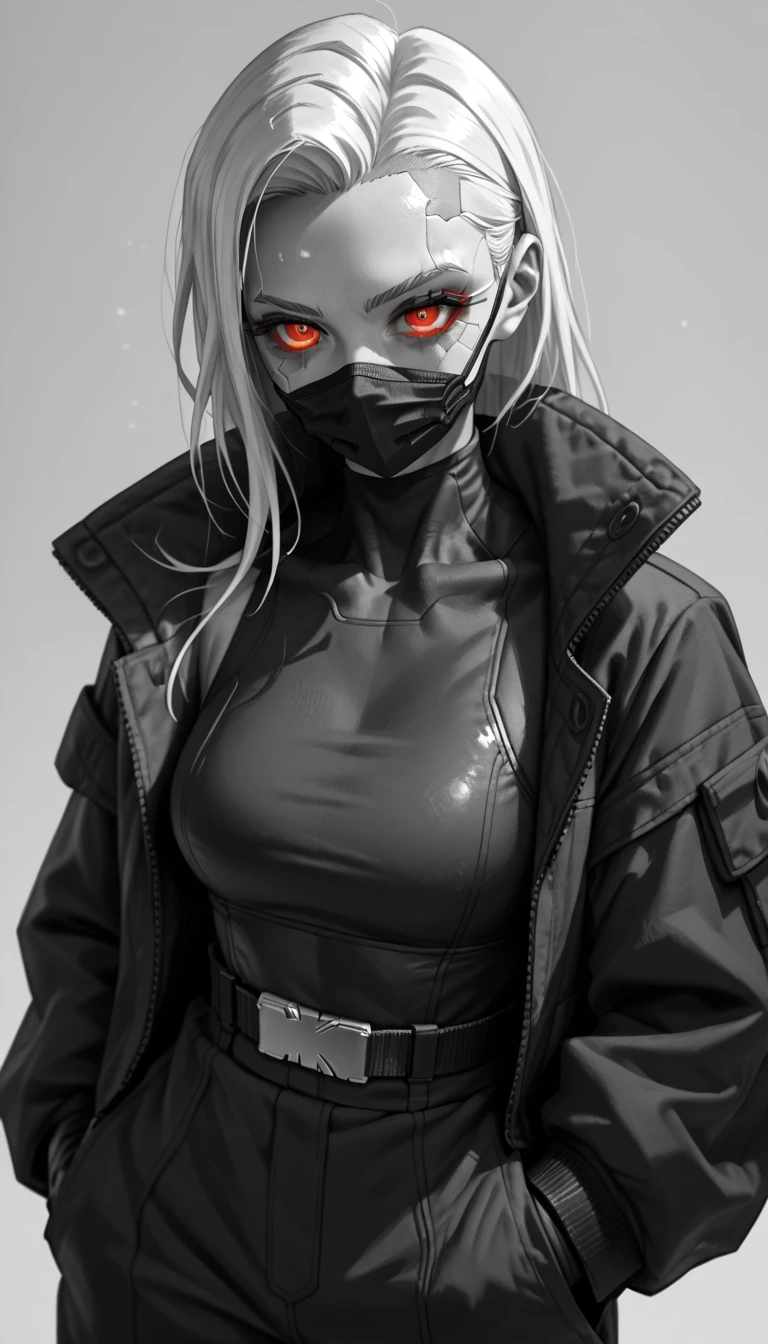 (zPDXL2), (PonyXLV6_Scores), source_anime, Expressiveh, full body portrait shot, asymmetric image, BREAK
Inhata4564, 
black and white, greyscale, simple background, 1 girl, solo, detailed eyes, red eyes, cyberpunk ninja girl,  face mask, looking at viewer 