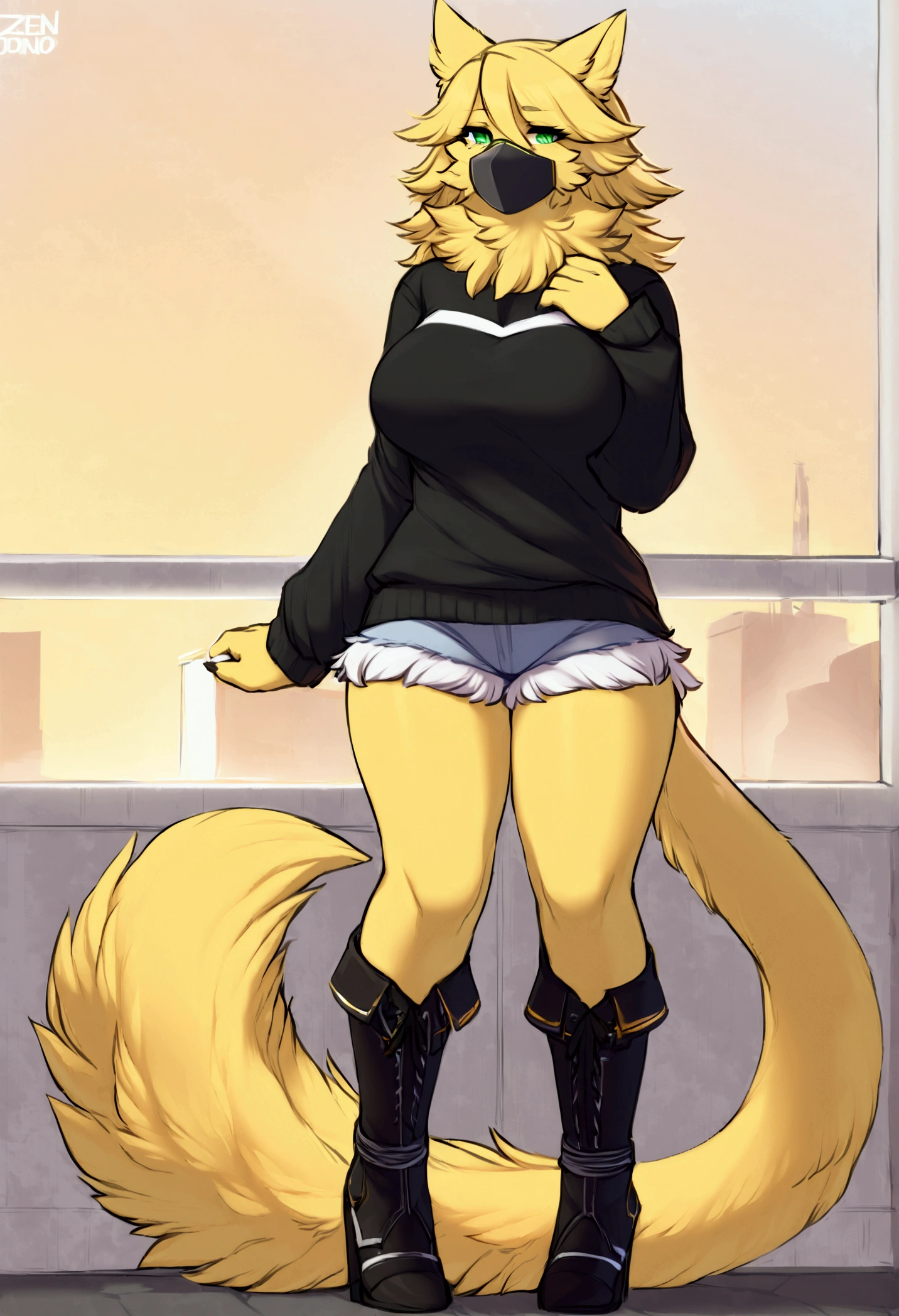 (top quality, best quality, Iriedono, High-quality illustrations, masterpiece, perfect artwork, cinematic light and shading, 16k, 1080p, uploaded on e621)(kemono, furry, anthro, alone), 1 larger female, (very detailed body, face, tail, arms, hands, legs, head and eyes), cat, Pulchra, (Zenless Zone Zero), yellow fur, fluff, striped fur, striped body, big breasts, fluffy tails, hair, perfect eyes, green eyes, black pupils, wearing a mask, beautiful sweater, beautiful legwear, beautiful jean shorts, beautiful boots with heels, night, body movement, body twitching,