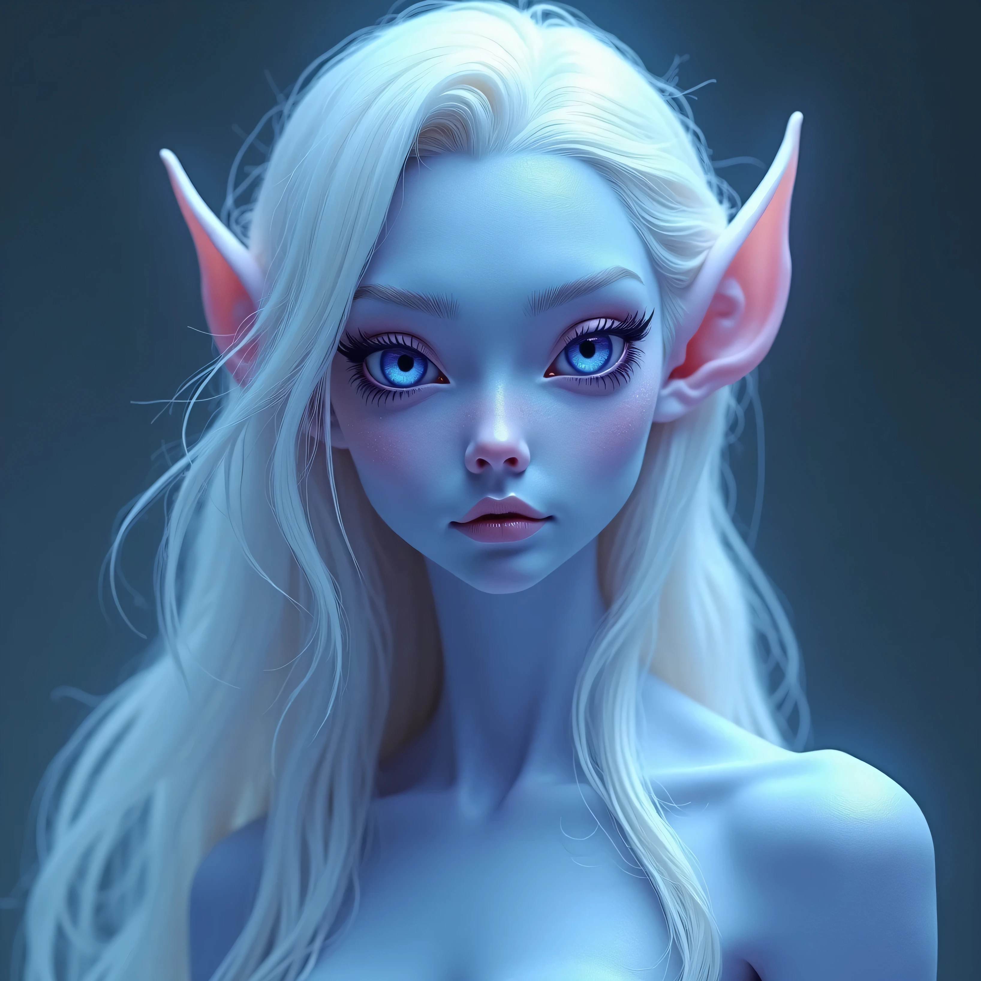score_9, score_8_up,score_7_up, score_6_up, score_5_up, score_4_up, naked woman, best quality, highres, full bust shot, solo, beautiful, makeup, soft lips, (blue skin), full black eyes, white freckles, pointed ears, (white long hair), simple background, white background, (((vitiligo)))