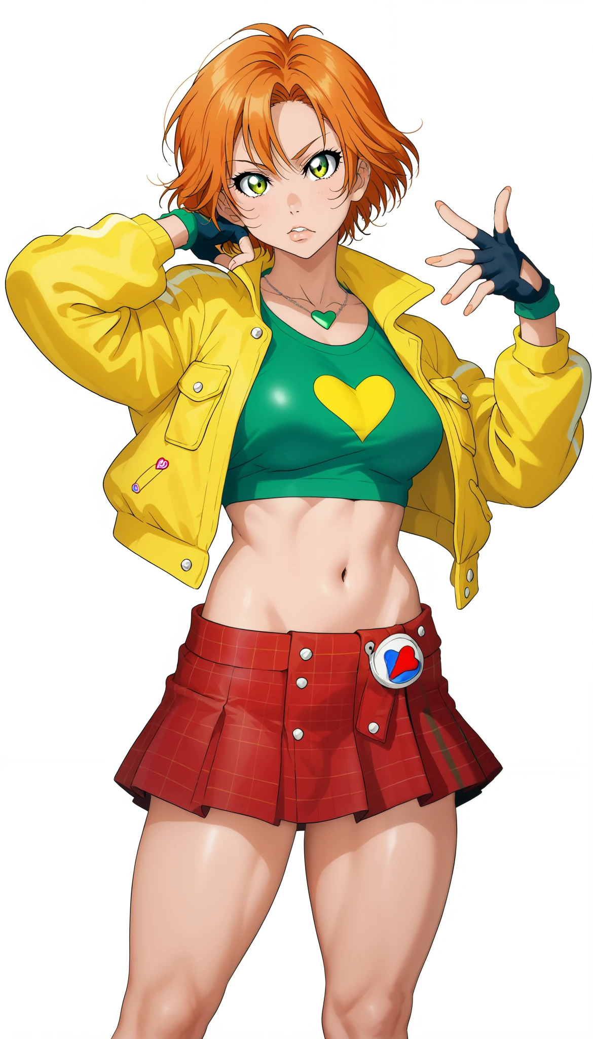 1girl, short hair, orange hair, green shirt, skin tight crop top, form fitting, bare midriff, heart symbol, fingerless gloves, plaid skirt, red skirt, tied jacket, yellow jacket, mini skirt, standing, necklace, looking at viewer, sporty, athletic build, confident pose,2D, cel shading, simple background, white background, anime style, video game art, sharp lines, vibrant colors, retro style,big breaats, breasts outlines,RUKIA Style, crotch out, crotch line