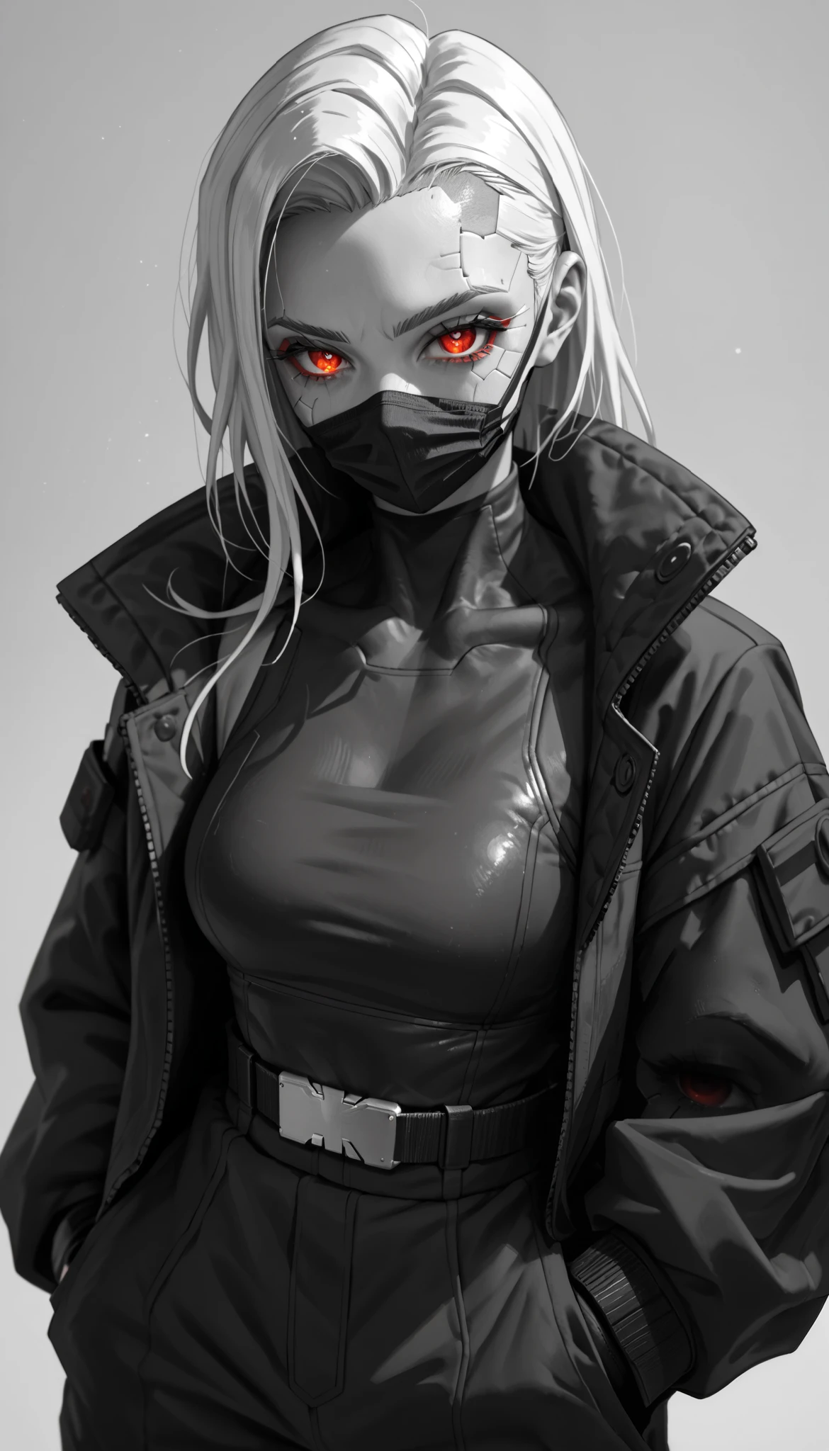 (zPDXL2), (PonyXLV6_Scores), source_anime, Expressiveh, full body portrait shot, asymmetric image, BREAK
Inhata4564, 
black and white, greyscale, simple background, 1 girl, solo, detailed eyes, red eyes, cyberpunk ninja girl,  face mask, looking at viewer 