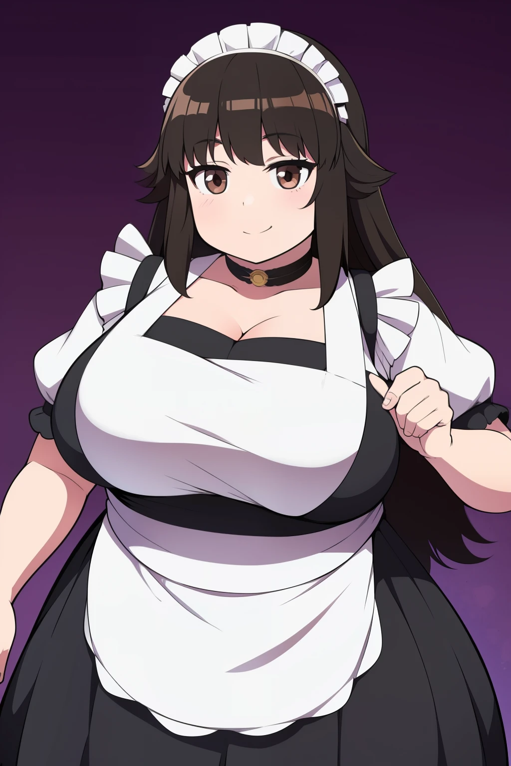 Chubby girl with big breasts black hair brown eyes happy long messy hair smiling Jinako Carigiri maid clothes