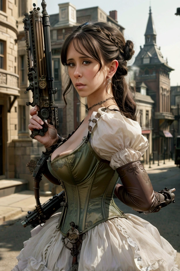 1girl, BREAK Jennifer Love Hewitt, Art Nouveau style, Wearing a Victorian corset that shows cleavage， armed with a beautifully complex mechanical heavy weapon 。The background is a steampunk city ， steam powered cars,（ complicated steampunk long gun ），Fantastic picture ，Gorgeous and exquisite， l 