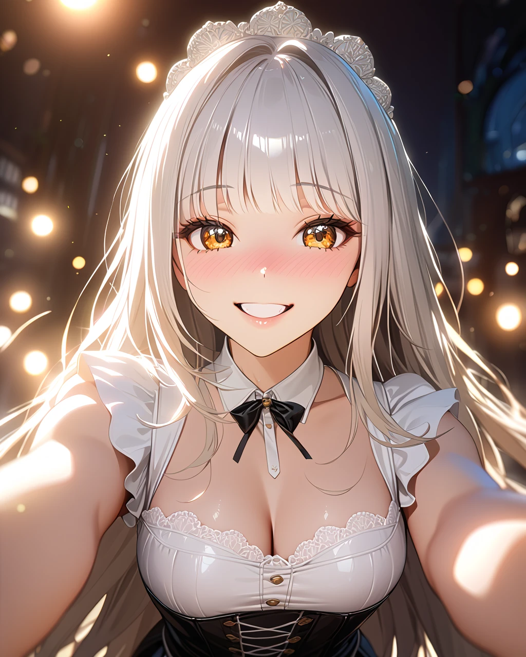 1girl, solo, FHD, Super Detail, top-quality, Very delicate, (upper body), cinematic lighting, ultra detailed, FHD, Super Detail, top-quality, Very delicate, (from above), masterpiece, best quality, dynamic angle, incredibly absurdres, high detail eyes, kawaii, tsurime, cute eyes, smile, nose blush, teasing smile, full body, cute face, pov, blancrnd, white hair, very long hair,  yellow eyes,  lipstick, cleavage, Cute maid costume, medium breasts, polished nails, spread arms, ((bokeh)), Modern luxury Mansion,  Kawaii pose