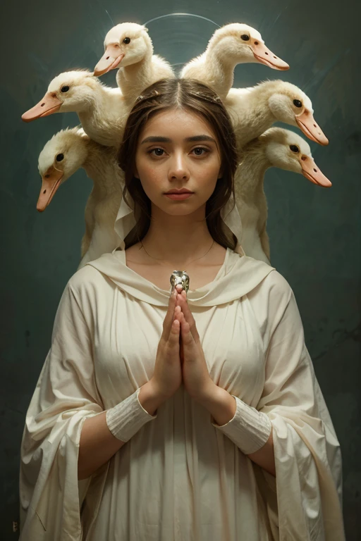 image,  surreal , Virgin Mary, modern, young, picture, 5-headed goose