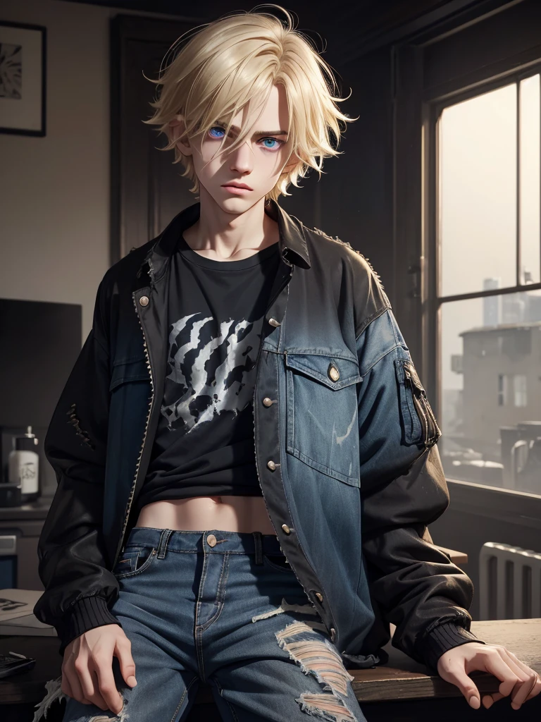 (best quality), 1boy, male, pale skin, blonde roots, black hair, short hair, messy hair, messy bangs, bangs over eyes, black eyes, bags under eyes, skinny body, , scowl, goth boy, oversized jacket, ripped jeans, childish, masterpiece, anatomically correct, highres