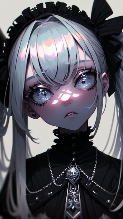 masterpiece, Raw photo，photorealism，High resolution，highest quality，High resolution, perfect composition, perfect face, perfect body, 16k，cinematic lighting，silver hair，Succubus，whip，latex，black，Charm，Demon's Castle Background、clavicle visible devil costume、close up of face、twin tails、close up of face、clavicle、earrings、