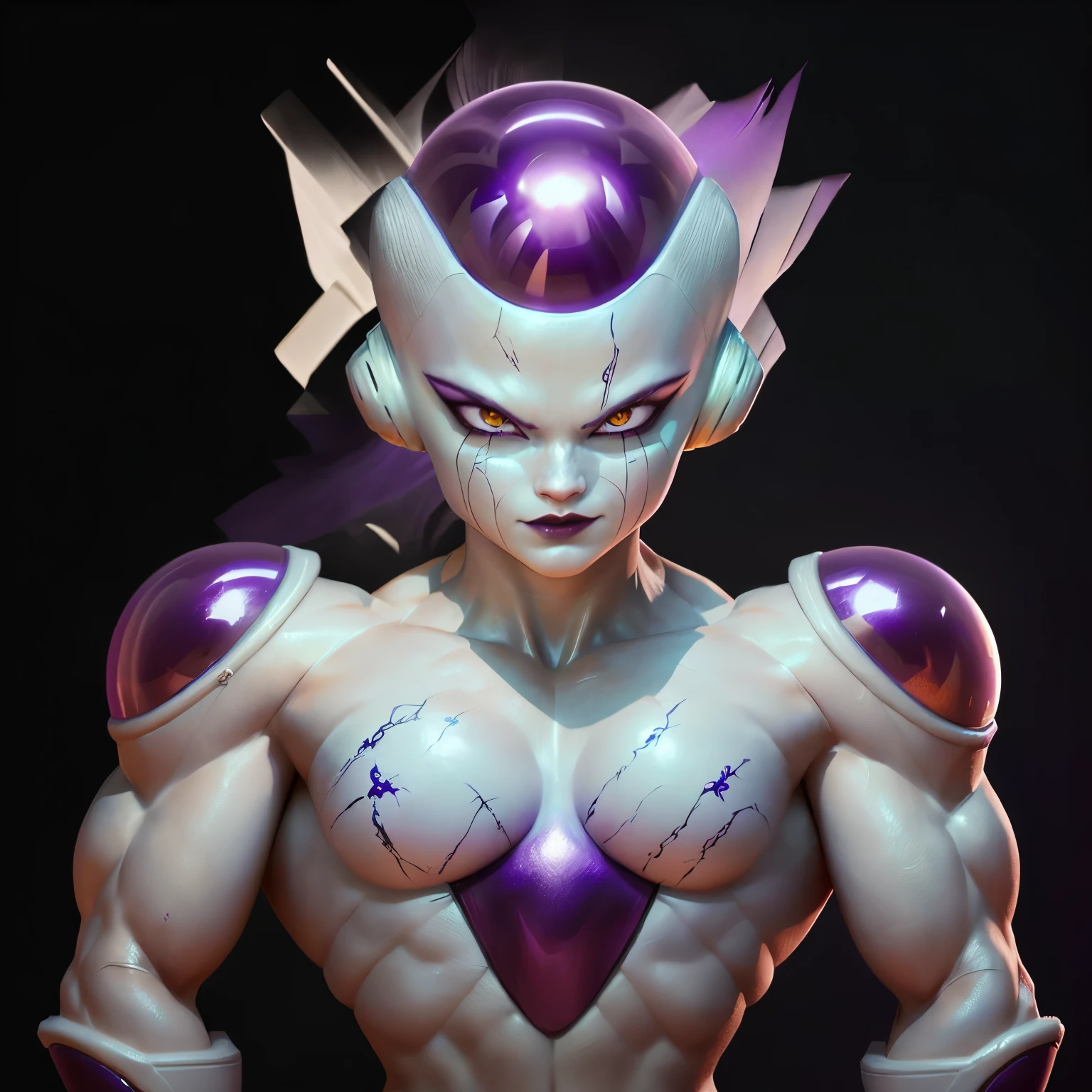 a close up of emma watson as frieza with a purple hair and a purple shirt, dragon ball concept art, zbrushcentral, character dragonball, made in zbrush, photorealistic human goku, high detail iconic character, zbrush 3 d render, painted in zbrush, made with zbrush, in a menacing pose, zbrush central contest winner, scary angry pose