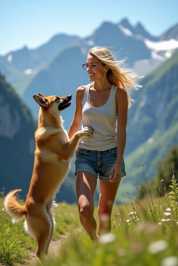 An ultra-realistic photograph of a 25-year-old blonde woman, very slim and smiling, in the mountains during the summer, surrounded by lush greenery and majestic peaks. She is wearing denim shorts and a thin tank top, with visible details of her light cotton clothing. Her blonde hair is gently tousled by the wind, and she is bathed in sunlight, creating soft shadows on her face. A Malinois dog, full of energy, is playfully jumping on her, its fur beautifully detailed as it interacts with her. The background features majestic mountains and a clear blue sky, with wildflowers and green grass on the ground. The photo is taken outdoors with incredible sharpness, capturing all the details of her skin, the textures of the clothing, the dog's movement, and the surrounding natural elements