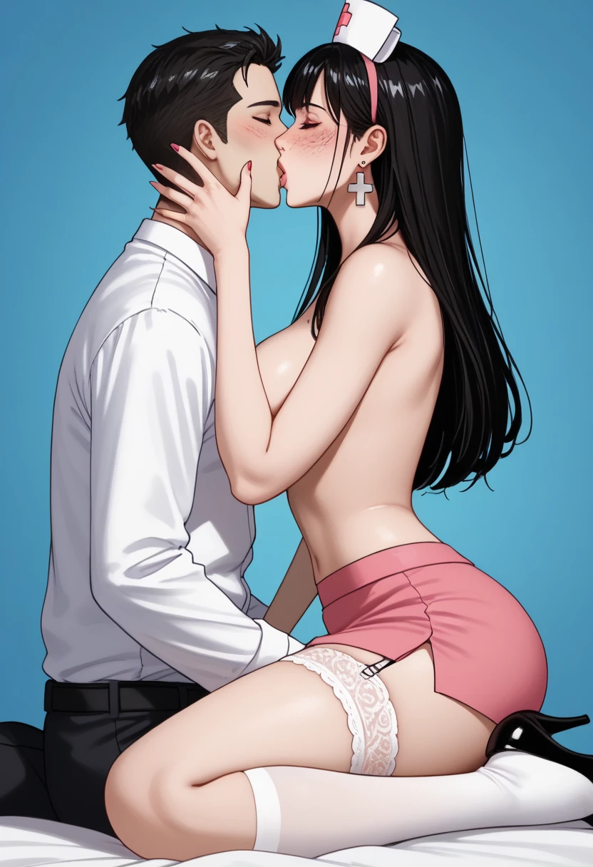 ((best quality)), ((masterpiece)), (detailed), (high resolution), perfect face, 1 Women, (violet slit eyes:1.3), (long black hair), Straight across bangs, (grown-up face:1.4), parted lips, A little big breasts, (naked bikini lingerie:1.2), ((Two old men and one woman three some sex POV:1.2)), (Embarrassed), (orgasm:1.2), (anime coloring:1.1), ((old men:1.4)), (irrigate cum shot:1.2), (too many cum:1.2), (rub buttocks:1.2), (Yamashiro Ren), Mato Seihei no Slave, looking at viewer, a red hair ribbon, 2d, illustration, (Ass rub), (dick in front of her buttocks:1.2), age difference, couple, hetero,