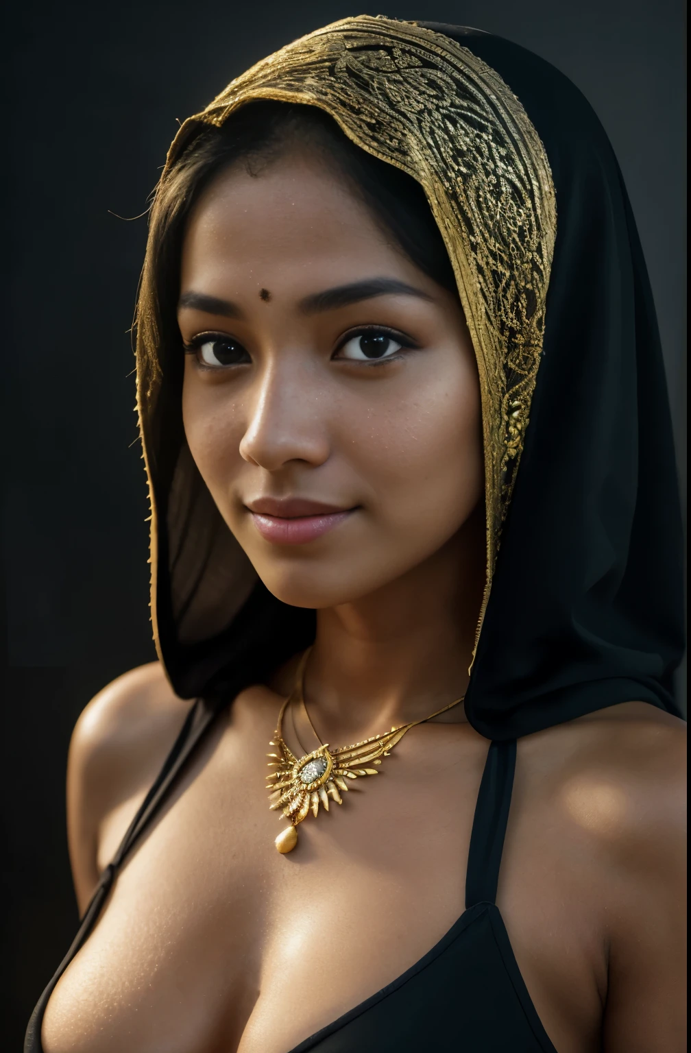 bellydancer, cleavage, beautiful young javanese girl with hijab and few soft freckles, mole below eyes, detail skin texture, smile, , dramatic light , Rembrandt lighting scheme, (hyperrealism:1.2), (8K UHD:1.2), (photorealistic:1.2), shot with Canon EOS 5D Mark IV, detailed face, detailed skin texture, 35mm, over-the-shoulder shot,cool-toned color grading, Deep Focus cinematography effect, Natural Lighting, high quality, ultra detail, 8k resolution,