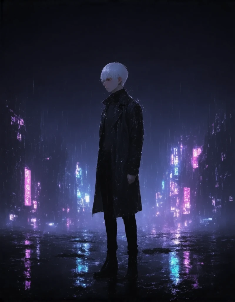 boy ,1boy, white hair, ultra detailed illustration, creative anime, ,wide and far shot, ((a boy in a black hooded trench coat, return to camera:1.5)), standing on rainy street, looking at a futuristic city at night, a dark cityscape with neon lights (Best Quality, 4k, 8k , high resolution, Masterpiece: 1.2), ultra detailed (realist, photorealist, photorealist: 1.37), cinematic lighting, dramatic shadows, moody atmosphere, intricate details, Bright city lights, advanced technology, Retro-futuristic architecture, dynamic pose, hood that casts shadows on the face, intense look
