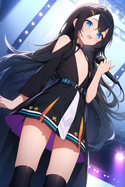 anime screencap, 1girl, solo, long hair, black hair, hair ornament, thighhighs, dress, holding, standing, full body, from behind, star (symbol), arm up, high heels, two side up, microphone, star hair ornament, idol, crowd, stage, stage lights, glowstick, concert, audience