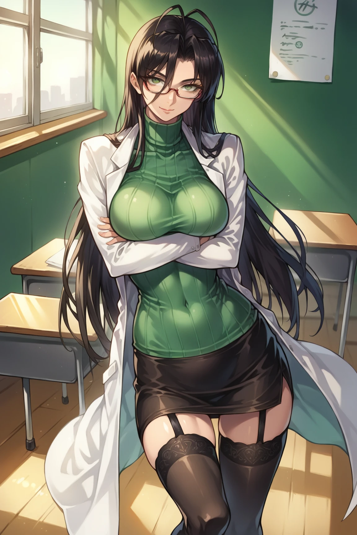  score_9,  score_8_above,  score_7_above, source_anime BREAK 1girl, Alone,  gunman shot ,  detailed background , Chisato SDXL ,  Black hair,   long hair,  green eyes, glasses, glasses de montura roja,   ribbed jersey , green sweater,  thighhighs , high neck, lab coat, Covered navel, garters, mini skirt, black flick,  Big Tits,  seductive smile, classroom, Sunlight, inside,  mature woman , at the table,  session,  oblique , crossed arms,